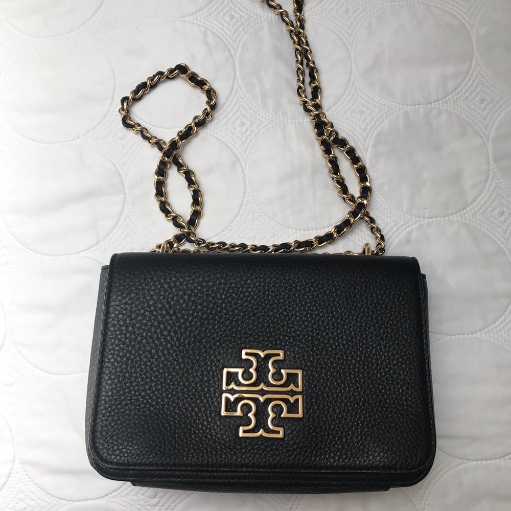 Tory Burch Black Pebbled Leather Crossbody with Gold Logo & Chain